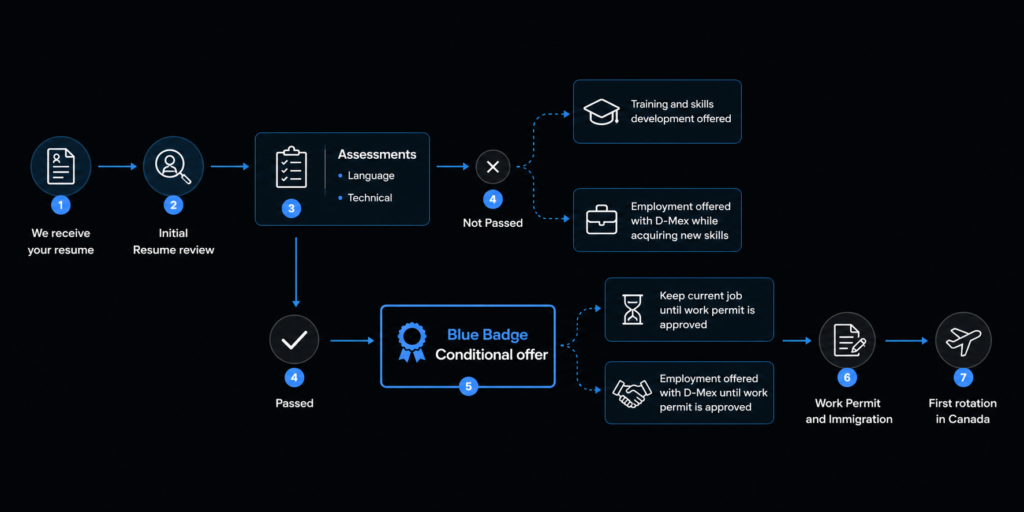 Dumas Mining Flowchart outlining an employment process, including resume review, assessments, conditional offers, training, work permits, immigration steps, and employment in Canada. Expert mining solutions